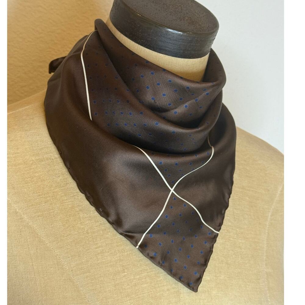Brown Blue White Square Vintage 18’x18’ silk scarf neck tie